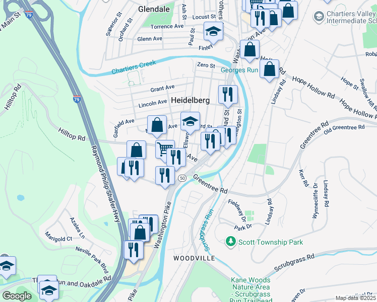 map of restaurants, bars, coffee shops, grocery stores, and more near 1915 Ellsworth Avenue in Carnegie