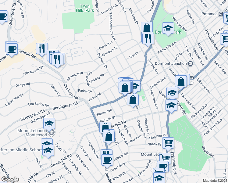 map of restaurants, bars, coffee shops, grocery stores, and more near 131 Marlin Drive East in Pittsburgh