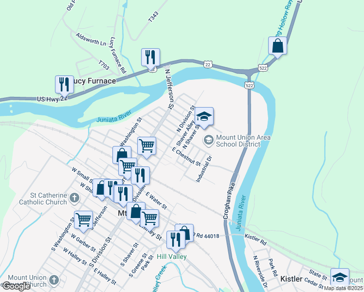 map of restaurants, bars, coffee shops, grocery stores, and more near 509 North Shaver Street in Mount Union