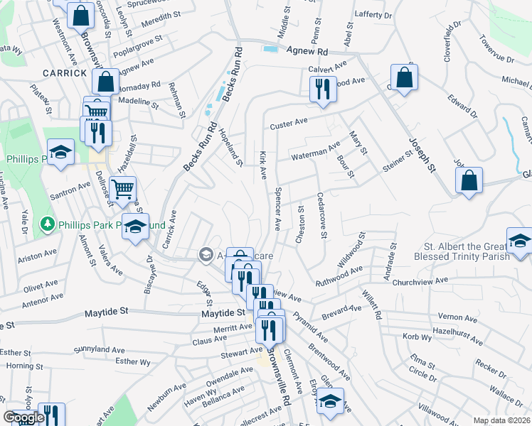 map of restaurants, bars, coffee shops, grocery stores, and more near 221 Kirk Avenue in Pittsburgh