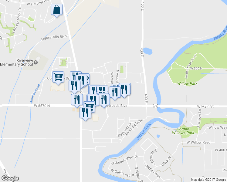 map of restaurants, bars, coffee shops, grocery stores, and more near 1486 Venetian Way in Saratoga Springs