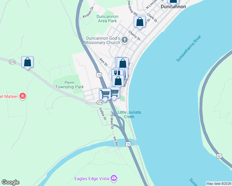 map of restaurants, bars, coffee shops, grocery stores, and more near 29 S Market St in Duncannon