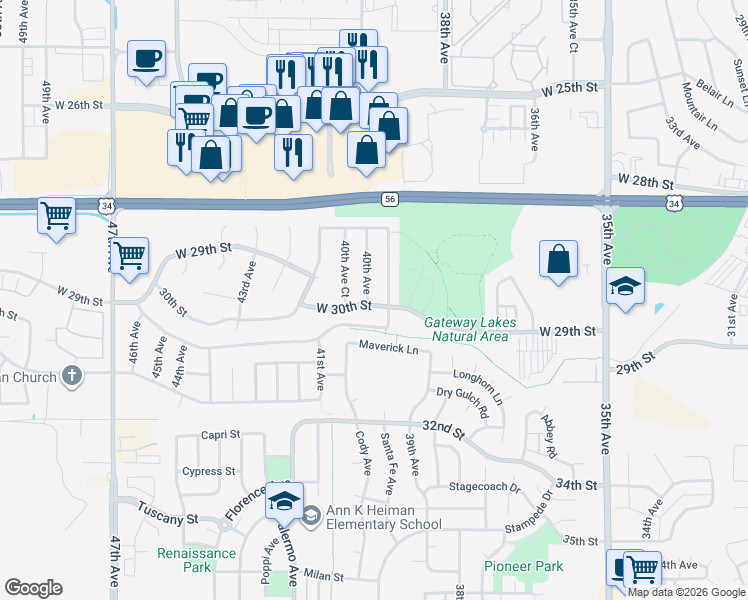 map of restaurants, bars, coffee shops, grocery stores, and more near 2854 40th Avenue in Greeley