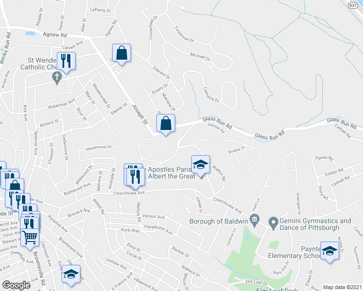 map of restaurants, bars, coffee shops, grocery stores, and more near 1000 Glass Run Road in Pittsburgh