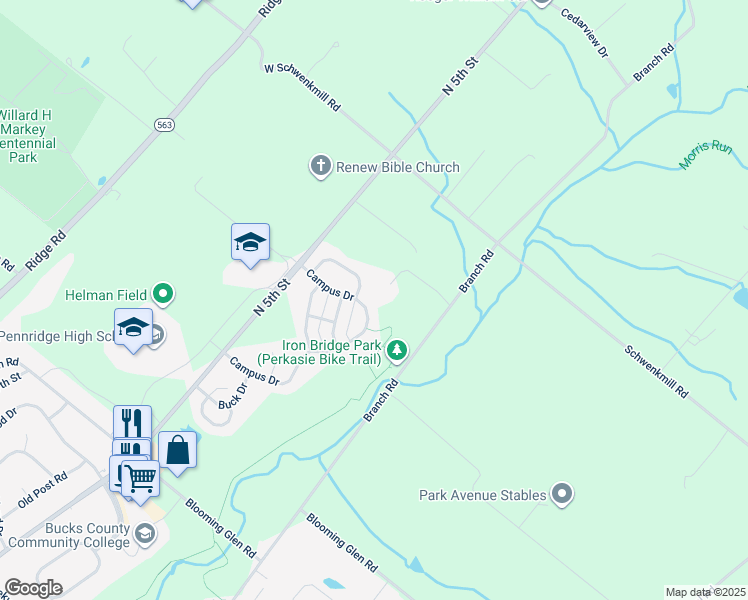 map of restaurants, bars, coffee shops, grocery stores, and more near 668 Campus Drive in Perkasie