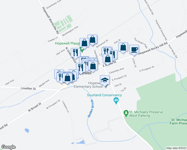 map of restaurants, bars, coffee shops, grocery stores, and more near 18 Seminary Avenue in Hopewell