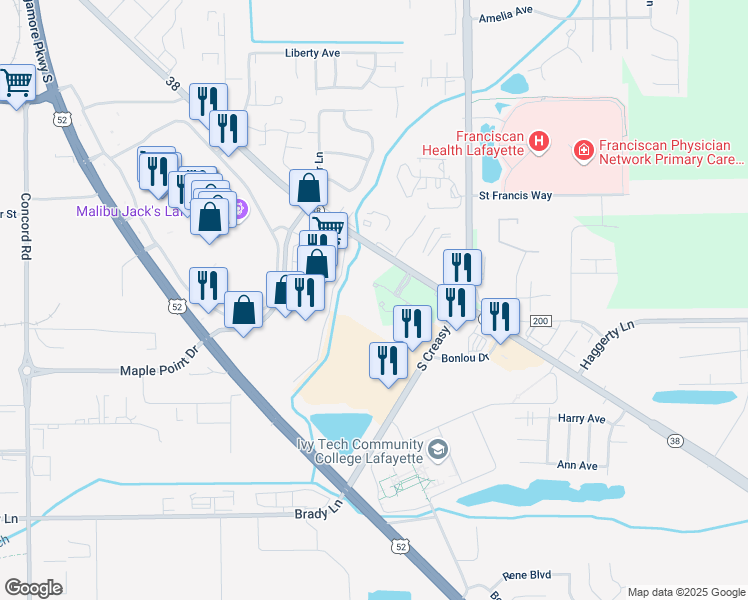 map of restaurants, bars, coffee shops, grocery stores, and more near 23 Torchwood Court in Lafayette