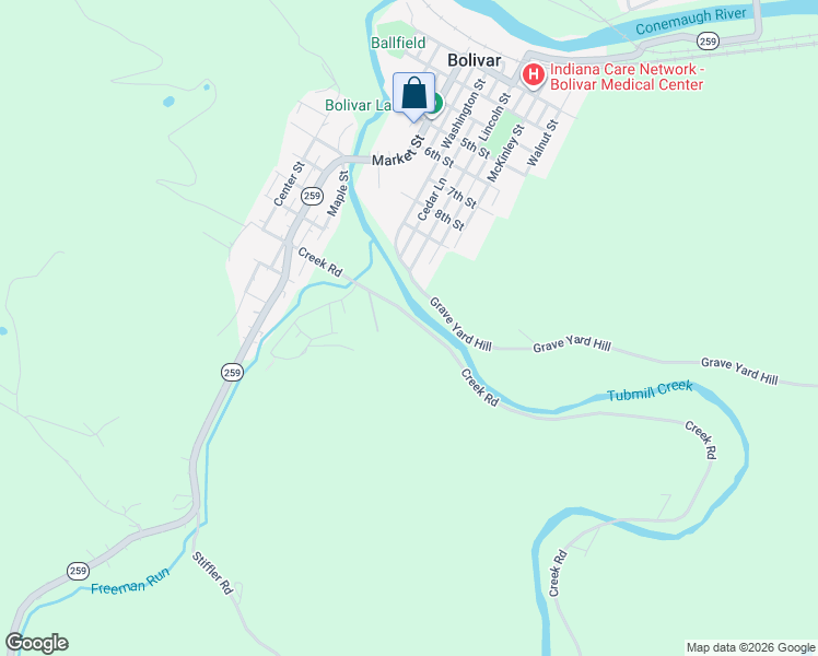 map of restaurants, bars, coffee shops, grocery stores, and more near 901 Creek Road in Bolivar