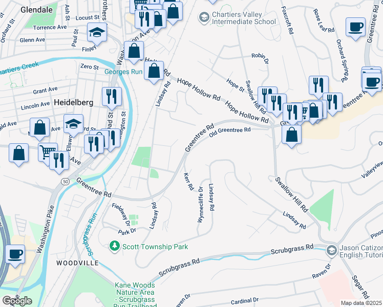 map of restaurants, bars, coffee shops, grocery stores, and more near 2445 Old Greentree Road in Carnegie