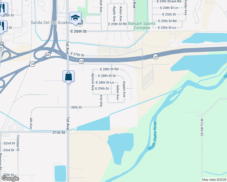 map of restaurants, bars, coffee shops, grocery stores, and more near 2908 Apple Avenue in Greeley