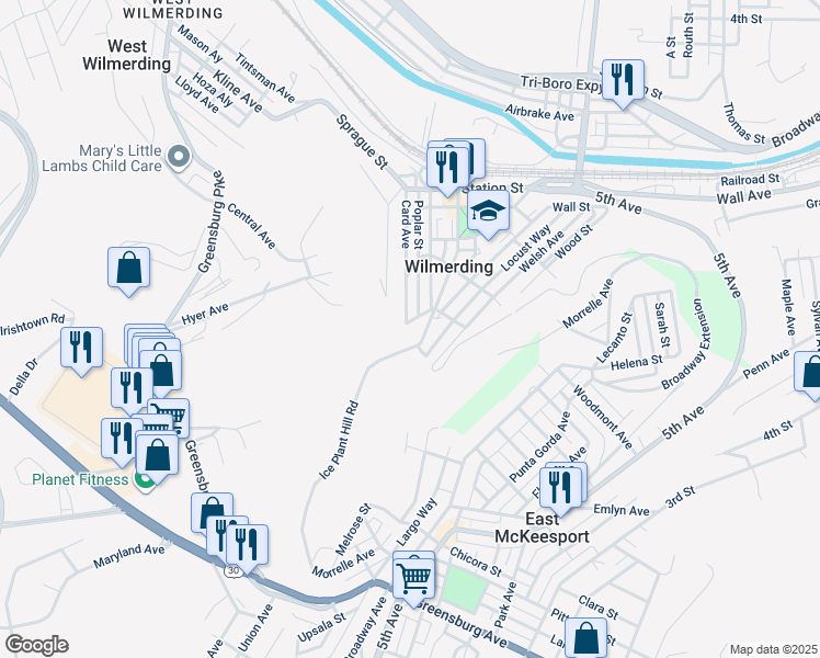 map of restaurants, bars, coffee shops, grocery stores, and more near 526 Westinghouse Avenue in Wilmerding