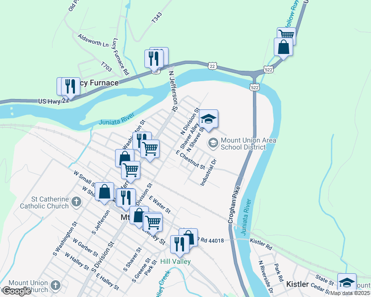 map of restaurants, bars, coffee shops, grocery stores, and more near 509 North Shaver Street in Mount Union