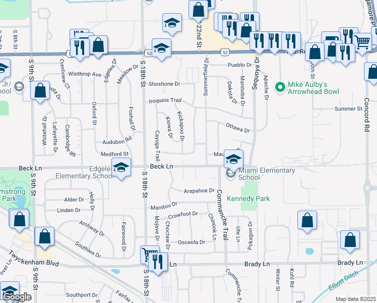 map of restaurants, bars, coffee shops, grocery stores, and more near 2004 Hiawatha Lane in Lafayette