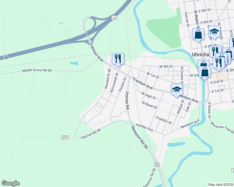 map of restaurants, bars, coffee shops, grocery stores, and more near 278 Packer St in Uhrichsville