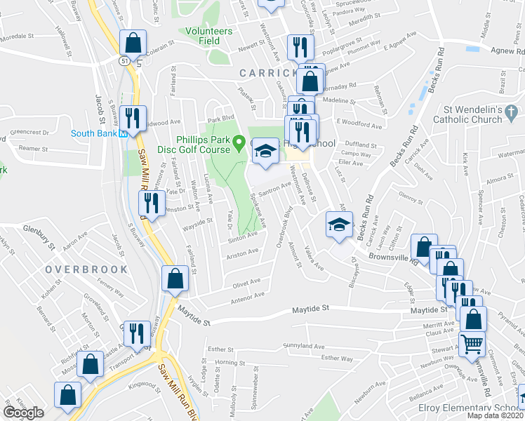 map of restaurants, bars, coffee shops, grocery stores, and more near 2255 Spokane Avenue in Pittsburgh