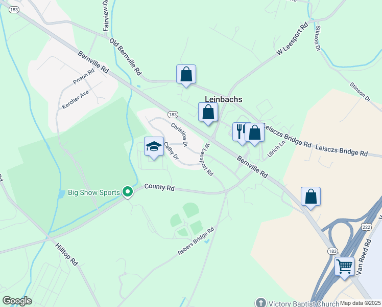map of restaurants, bars, coffee shops, grocery stores, and more near 1010 Christina Drive in Leesport