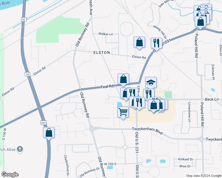 map of restaurants, bars, coffee shops, grocery stores, and more near 233 U.S. 52 in Lafayette