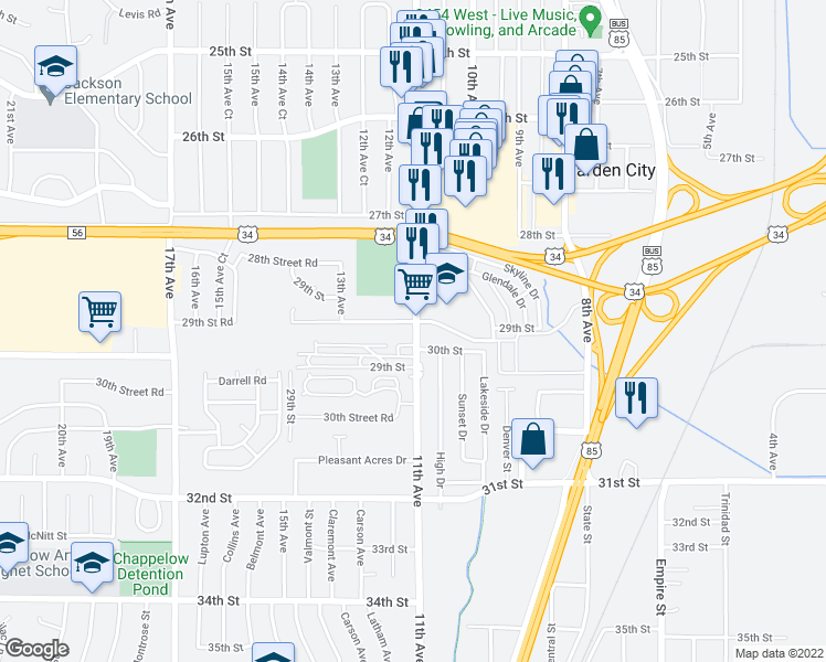 map of restaurants, bars, coffee shops, grocery stores, and more near 2933 11th Avenue in Evans