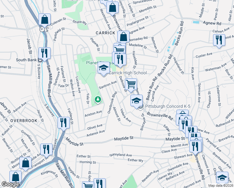 map of restaurants, bars, coffee shops, grocery stores, and more near 129 Overbrook Boulevard in Pittsburgh