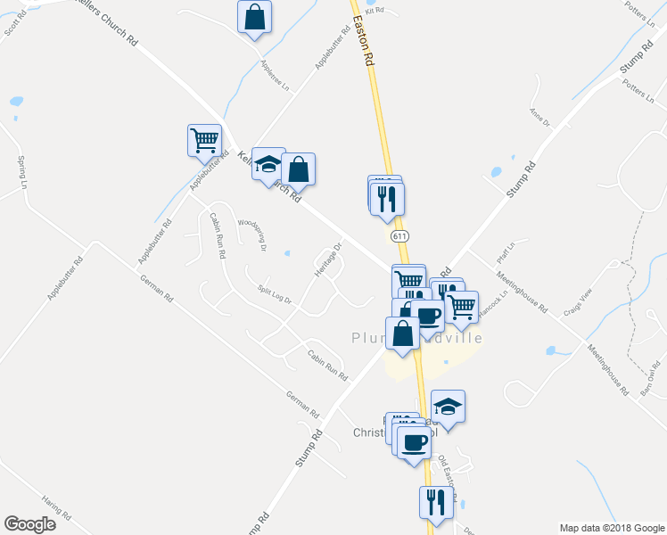 map of restaurants, bars, coffee shops, grocery stores, and more near 6127 Autumn Court in Plumsteadville