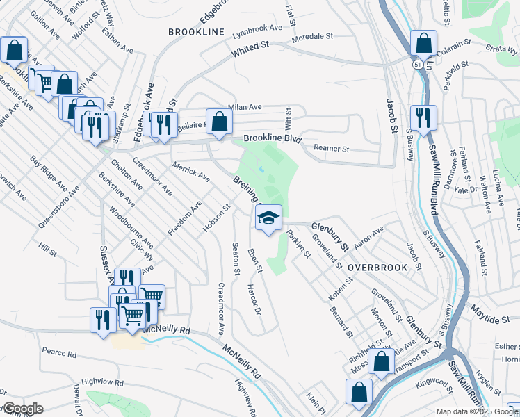 map of restaurants, bars, coffee shops, grocery stores, and more near 1550 Breining Street in Pittsburgh