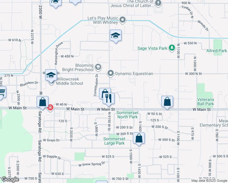 map of restaurants, bars, coffee shops, grocery stores, and more near 1652 West Brooke Street in Lehi
