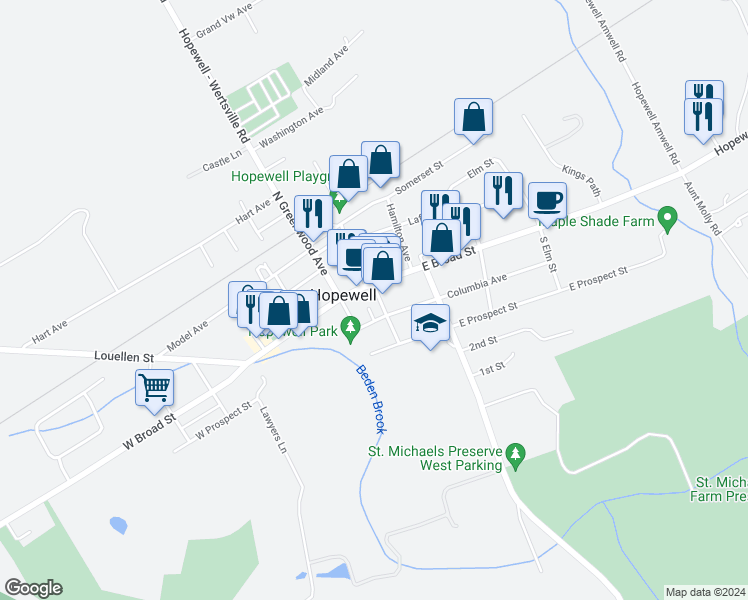 map of restaurants, bars, coffee shops, grocery stores, and more near 18 Seminary Avenue in Hopewell