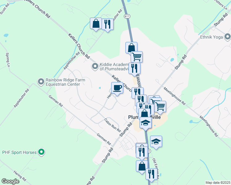 map of restaurants, bars, coffee shops, grocery stores, and more near 6122 Autumn Court in Plumsteadville
