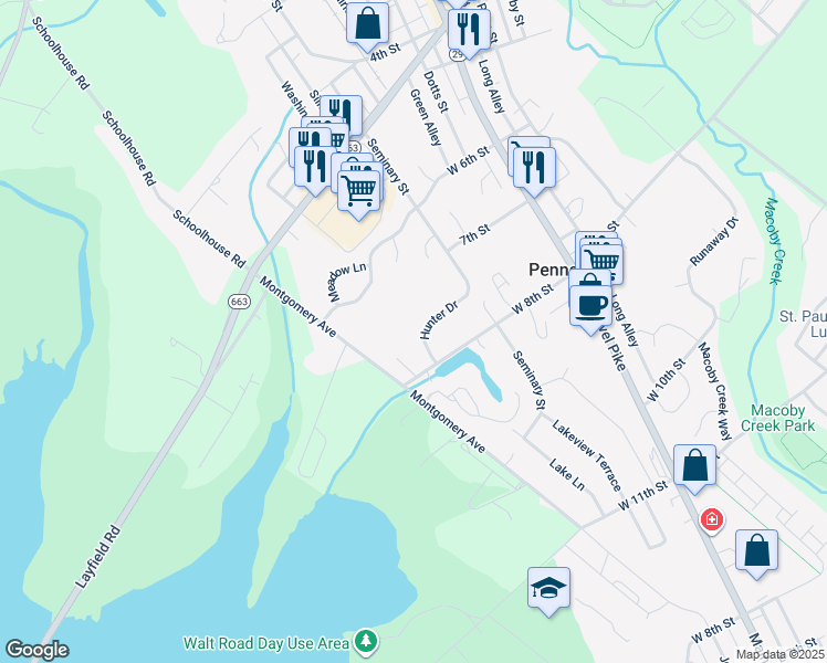map of restaurants, bars, coffee shops, grocery stores, and more near 789 Hunter Drive in Pennsburg