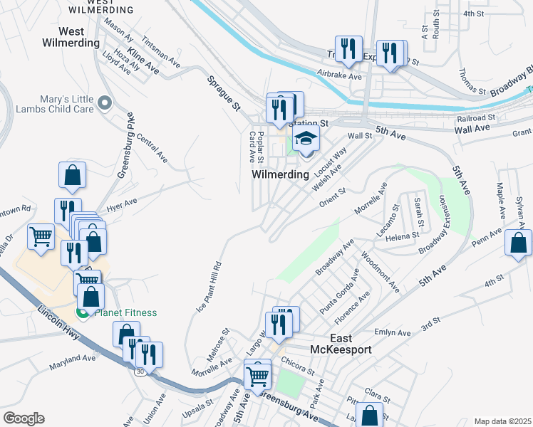 map of restaurants, bars, coffee shops, grocery stores, and more near 513 Westinghouse Avenue in Wilmerding