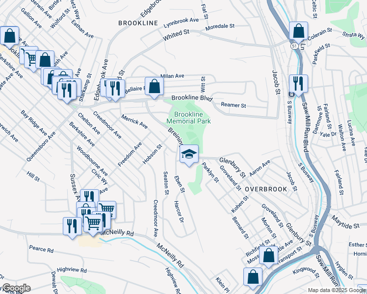 map of restaurants, bars, coffee shops, grocery stores, and more near 1563 Breining Street in Pittsburgh