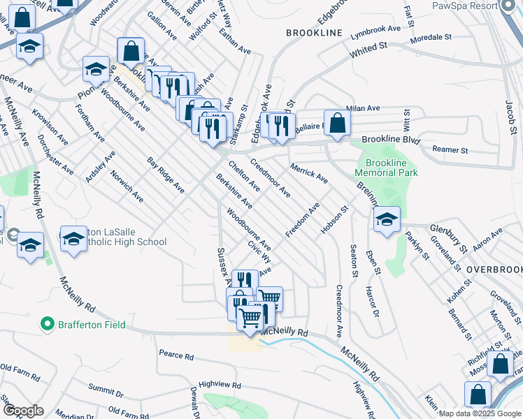 map of restaurants, bars, coffee shops, grocery stores, and more near 1221 Berkshire Avenue in Pittsburgh