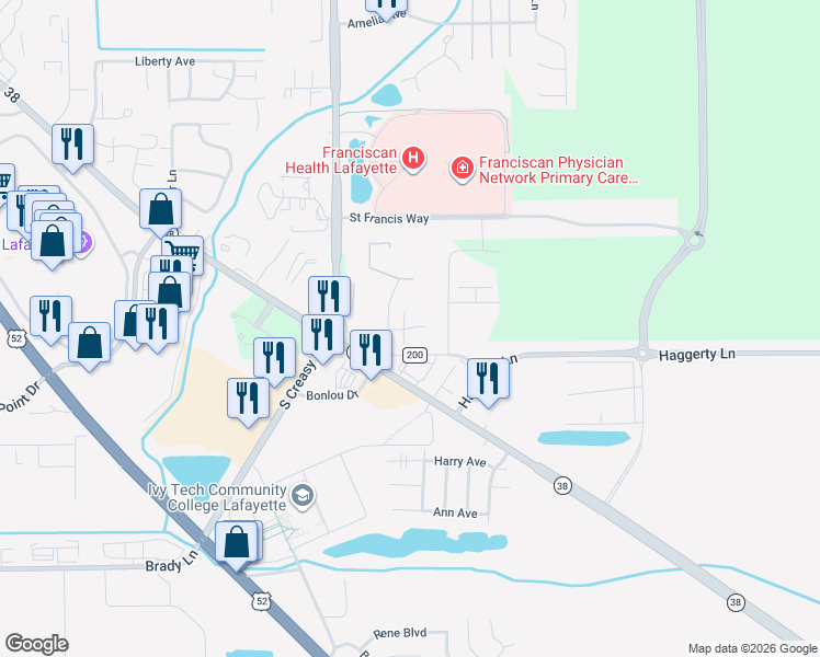 map of restaurants, bars, coffee shops, grocery stores, and more near 1830 Brampton Lane in Lafayette