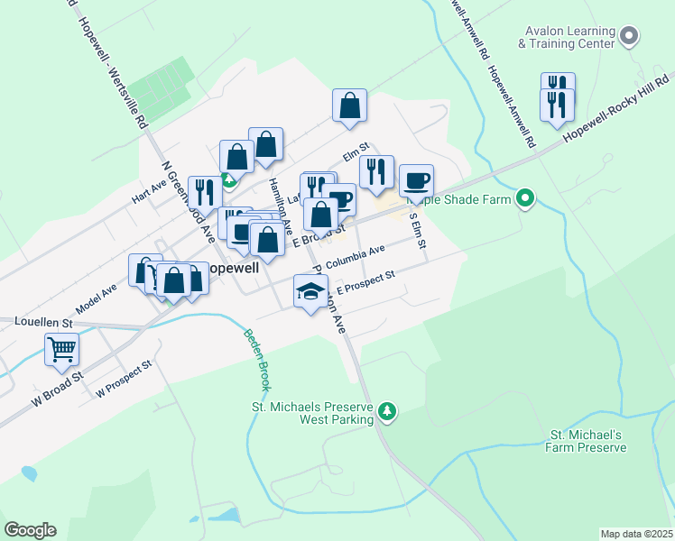 map of restaurants, bars, coffee shops, grocery stores, and more near 53 Columbia Avenue in Hopewell