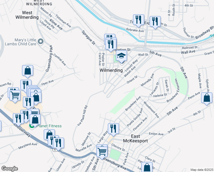 map of restaurants, bars, coffee shops, grocery stores, and more near 513 Westinghouse Avenue in Wilmerding