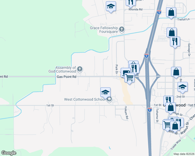 map of restaurants, bars, coffee shops, grocery stores, and more near 20491 Gas Point Rd in Cottonwood