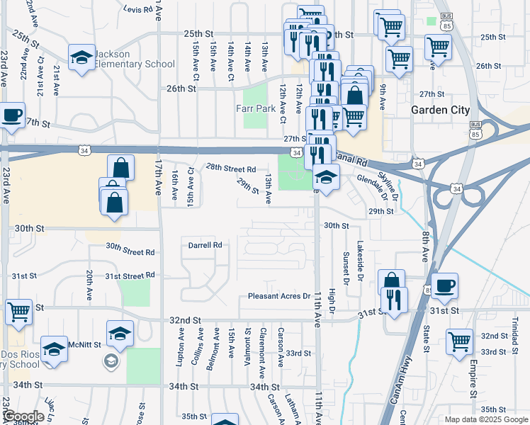 map of restaurants, bars, coffee shops, grocery stores, and more near 1310 29th Street Road in Greeley