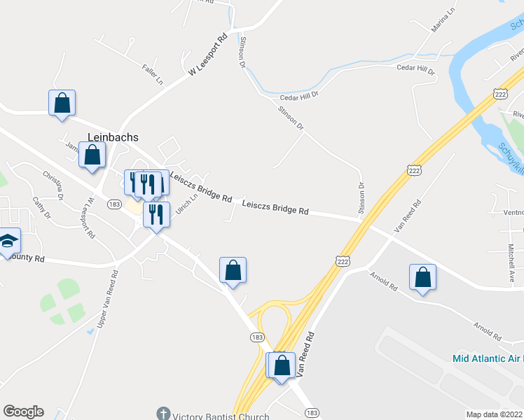 map of restaurants, bars, coffee shops, grocery stores, and more near 2672 Leisczs Bridge Road in Leesport