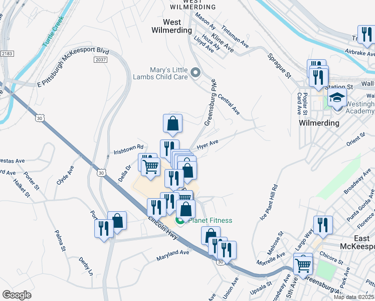 map of restaurants, bars, coffee shops, grocery stores, and more near 998 Greensburg Pike in North Versailles