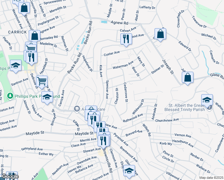 map of restaurants, bars, coffee shops, grocery stores, and more near 224 Gilboa Way in Pittsburgh