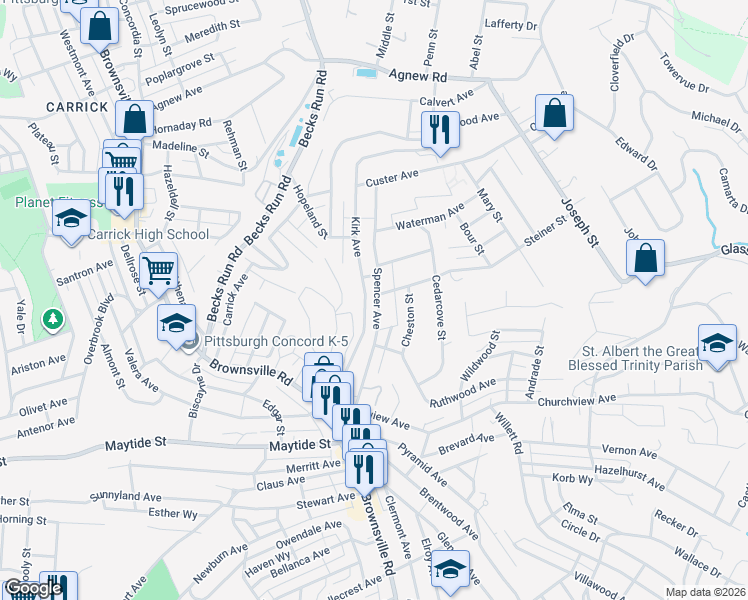 map of restaurants, bars, coffee shops, grocery stores, and more near 227 Spencer Avenue in Pittsburgh