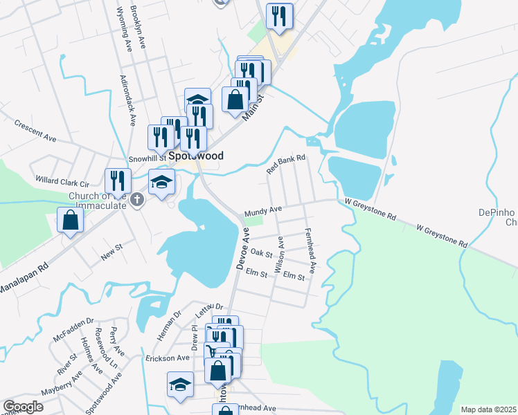 map of restaurants, bars, coffee shops, grocery stores, and more near 29 Mundy Avenue in Spotswood