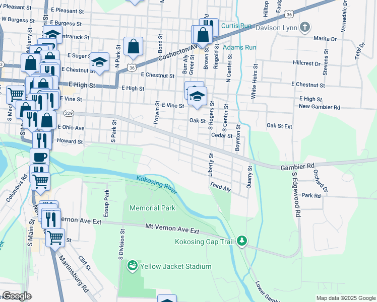 map of restaurants, bars, coffee shops, grocery stores, and more near 713 Howard Street in Mount Vernon