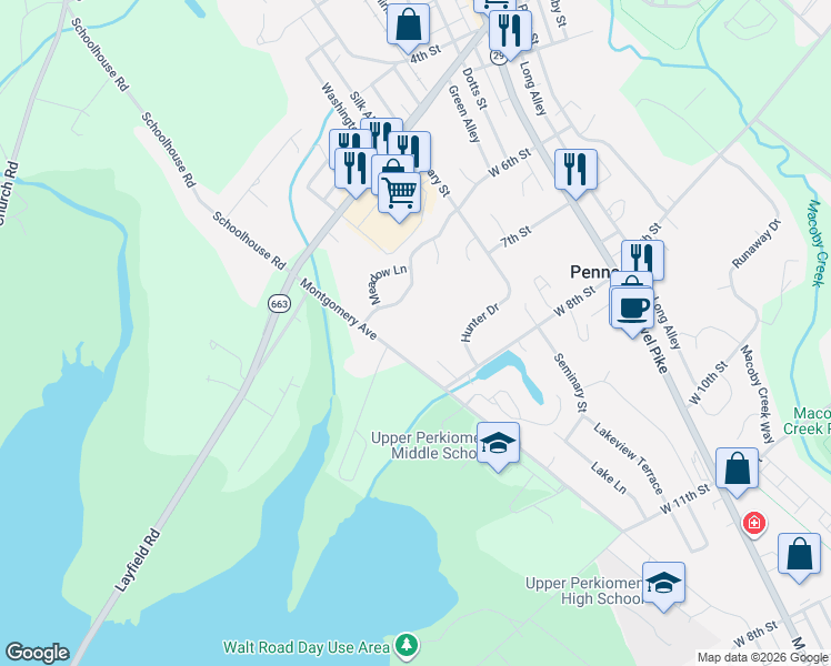 map of restaurants, bars, coffee shops, grocery stores, and more near 704 Montgomery Avenue in Pennsburg