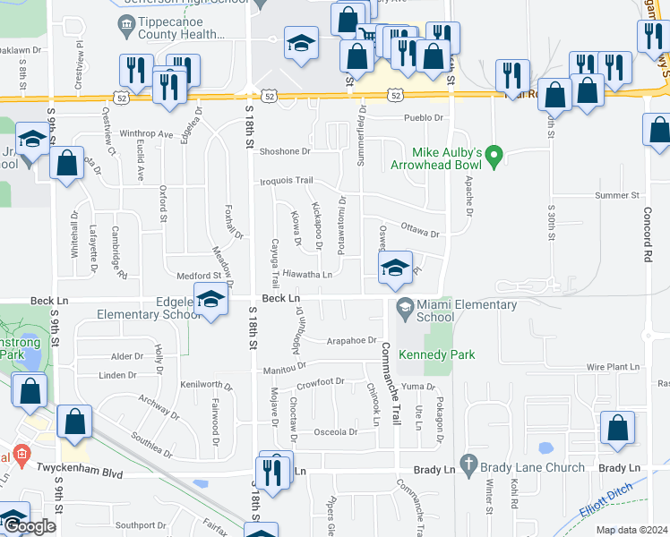 map of restaurants, bars, coffee shops, grocery stores, and more near 2100 Hiawatha Lane in Lafayette