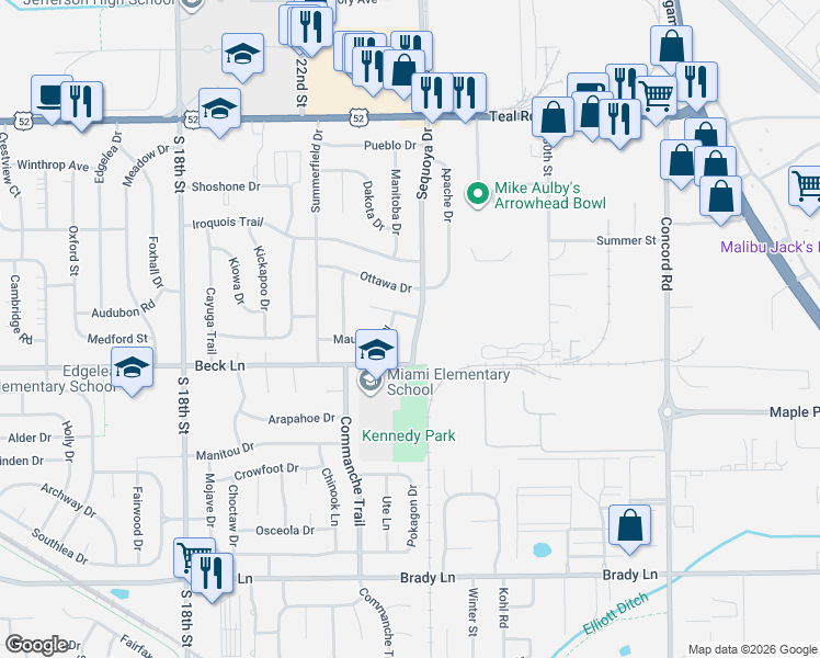 map of restaurants, bars, coffee shops, grocery stores, and more near 2411 Maumee Place in Lafayette