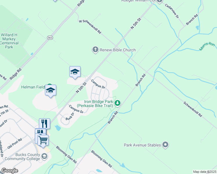 map of restaurants, bars, coffee shops, grocery stores, and more near 46 Greenleaf Circle in Perkasie