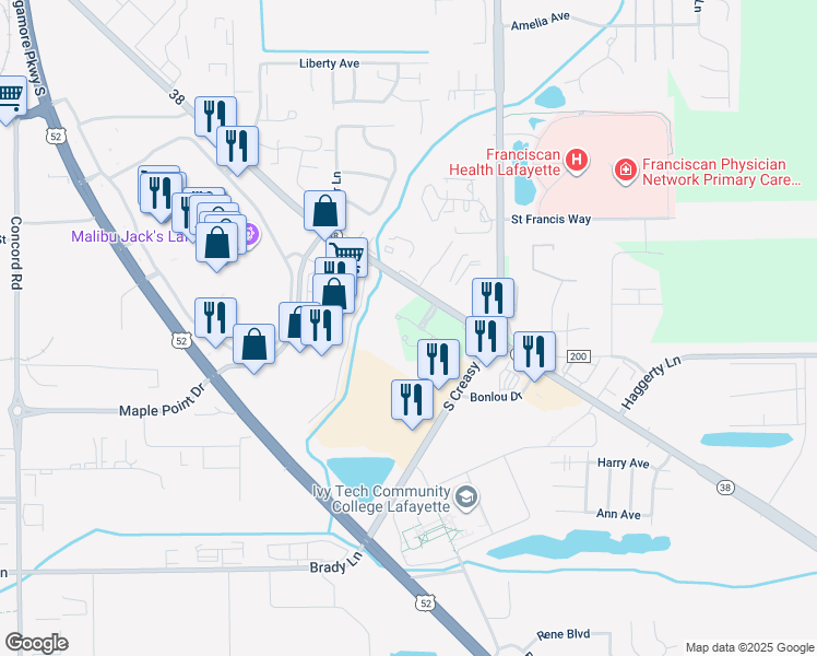 map of restaurants, bars, coffee shops, grocery stores, and more near 23 Torchwood Court in Lafayette