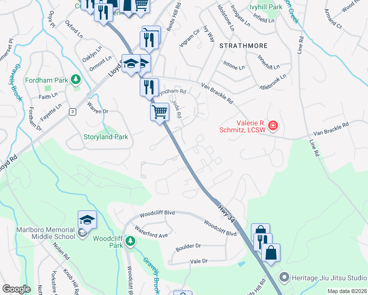 map of restaurants, bars, coffee shops, grocery stores, and more near 289 Gloucester Court in Matawan