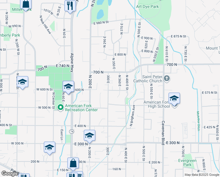 map of restaurants, bars, coffee shops, grocery stores, and more near 610 North 300 East in American Fork